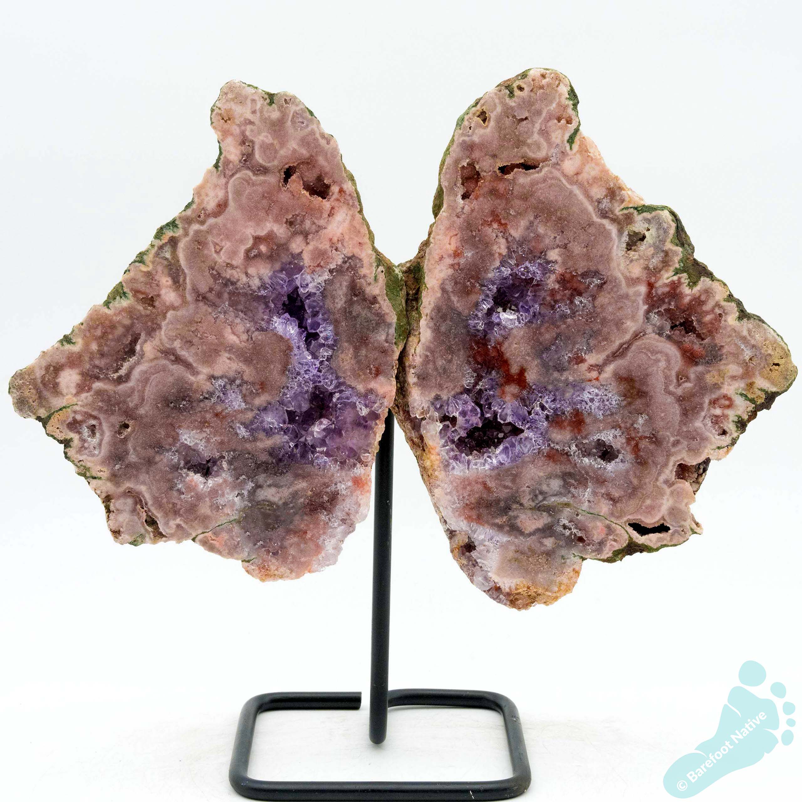 Pink "Rose" Amethyst Geode Butterfly Pair on Black Iron Stand